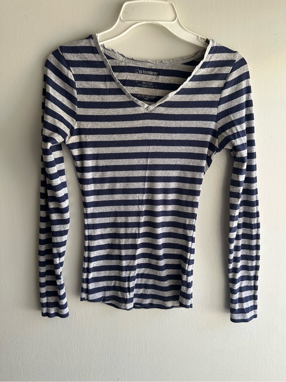 No Boundaries Striped Long Sleeve Top Small Blue Gray Y2K Soft Cotton Tee